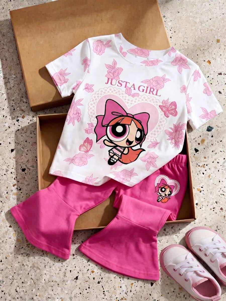 THE POWERPUFF GIRLS X SHEIN GraphicGems 女婴休闲日常通勤甜美可爱卡通花卉字母印花短袖T恤和喇叭裤套装,春夏秋季 - 玫紅色 - 查看 1