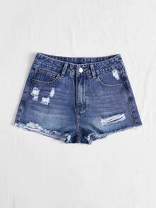 SHEIN PETITE Pantalones cortos de mezclilla casuales con bolsillos y dobladillo deshilachado para mujer - Azul - Ver 4