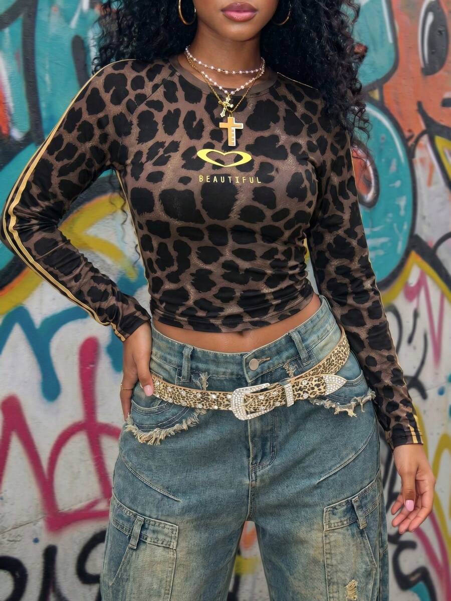 Rovax Vintage Leopard Print Digital Fitted Crew Neck Long Sleeve Women's Spring/Autumn Base Layer Top - Multicolor - View 1