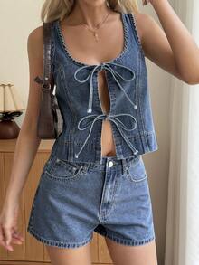 DAZY Bộ đồ denim mùa hè dành cho nữ, gồm áo hai dây cổ vuông dáng rộng và quần short, kiểu dáng thường ngày. - Rửa trung bình - Xem 5