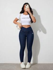 SHEIN Tall Quần jean skinny cạp chữ V dành cho nữ, trang phục thường ngày dự tiệc mùa hè và phong cách đường phố cho nữ. Quần jean skinny cạp cao dành cho nữ, mùa hè. - Rửa tối - Xem 5