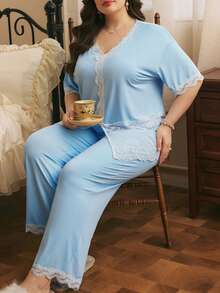 Côtesoire Southern France Elegant Contrast Color Lace Plus Size Pajama Knit Set - Baby Blue - View 4
