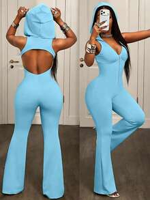 SHEIN BamGlam 2026春夏新款运动时尚连体裤，连帽设计，拉链闭合，喇叭裤腿，V领带褶皱细节，无袖，修身剪裁，女士浅灰色性感连体裤 - 藍色 - 查看 6