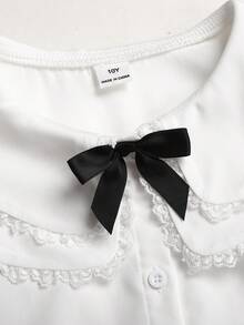 SHEIN 少女白色雙層彼得潘領優雅長袖學院風正式襯衫，適合學校、開學季、正式場合、表演、姐妹聚會，蕾絲拼接領設計，淑女風上衣 - 白色 - 查看 11