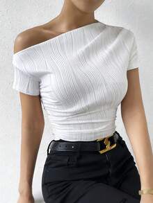 Glyssa Camiseta de manga corta con textura ondulada asimétrica y fruncido casual para mujer, camiseta blanca sexy y elegante para primavera/verano - Blanco - Ver 4