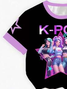 Spring And Summer Girl's & Tween Girl Casual Fashion Creative Personalized Refreshing Minimalist Cool Virtual Girl Group Pentagram Star Graphic Black Background Contrast Color Slogan Letter Print Casual Basic Short T-Shirt + Bike Shorts Set, Comfortable Outfit Suitable For Spring, Summer And Autumn - Multicolor - View 7