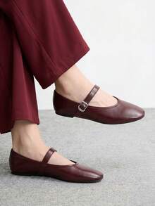 CUCCOO BIZCHIC Giày nữ có khóa cài, kiểu dáng đơn giản, thanh lịch, đế bằng, mũi tròn, kiểu dáng thường ngày. - Màu Đỏ Sâu - Xem 1