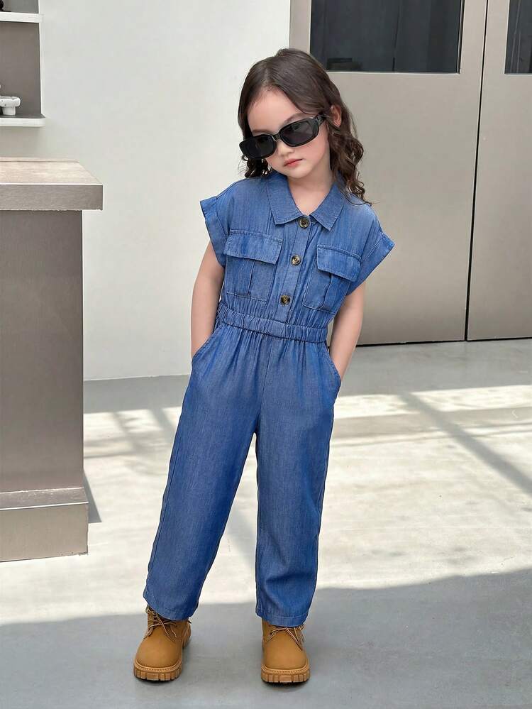 SHEIN 女の子の無地織りジャンプスーツ、襟付き、ボタン開閉、ダブル