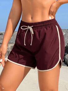 Swim SPRTY Celana Pendek Pantai Kasual Wanita dengan Tali Serut di Pinggang - Burgundy - View 5