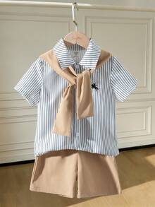 SHEIN 3件組：紳士風條紋刺繡襯衫 + 披肩 + 短褲，適合小男孩 - 彩色 - 查看 5