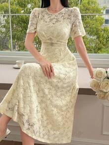 DAZY Brown And Cream Textured Lace Dress For Women,Elegant Summer Tea Party Date Night Sun Dresses,Waist-Cinching Short Sleeve Mid-Length Formal Wedding - Beige - View 8
