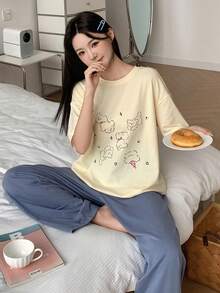 DAZY 女士卡通印花上衣和纯色裤子睡衣套装 夏季 - 黃色 - 查看 8