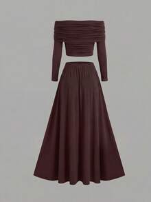 Elenzga Conjunto de 2 piezas de top de manga larga con hombros descubiertos y falda con bajo asimétrico de unicolor para mujer de talla grande, elegante para citas y fiestas - Café integral - Ver 2