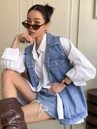 DAZY 女士夏季时尚水洗前襟纽扣翻盖细节无袖牛仔外套