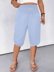 SHEIN LUNE CURVE Plus Size Women Casual Drawstring Waist Bermuda Shorts, Versatile - Sky Blue - View 6