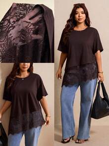 Elaquor Plus Size Summer Minimalist Contrast Lace Asymmetric Hem Short Sleeve T-Shirt - Coffee Brown - View 3