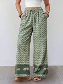 Wildy Quần dài nữ mùa hè kiểu dáng BOHO phong cách miền Tây hoang dã, họa tiết retro, thích hợp cho lễ hội âm nhạc đồng quê, ống thẳng có túi, phù hợp mặc hàng ngày và đi làm. - màu xanh lá - Xem 4