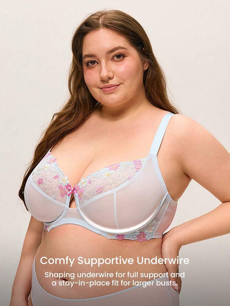 Plus Full Coverage Unlined Embroidery Lace Bra