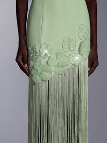 Elitara Elegant Formal Queen Sage Green Wavy Knit Patchwork Long Dress Handmade Beaded Tassel Floral Decor Party Prom Vow Wedding Winter - Green - View 3