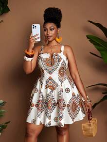 Maweii Plus Size Women's Underwire Small V-Neck Detailed Cinched Waist Wide Shoulder Strap Floral Print Holiday Outfit Dress - Multicolor - View 3