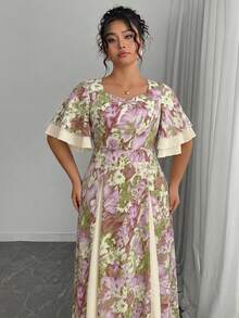 Modelyn Plus Size Floral Print Square Neck Flutter Sleeve Maxi Dress Elegant Modest Boho Chic Afternoon Tea Brunch Party Vacation Summer Dresses Beige - Multicolor - View 5
