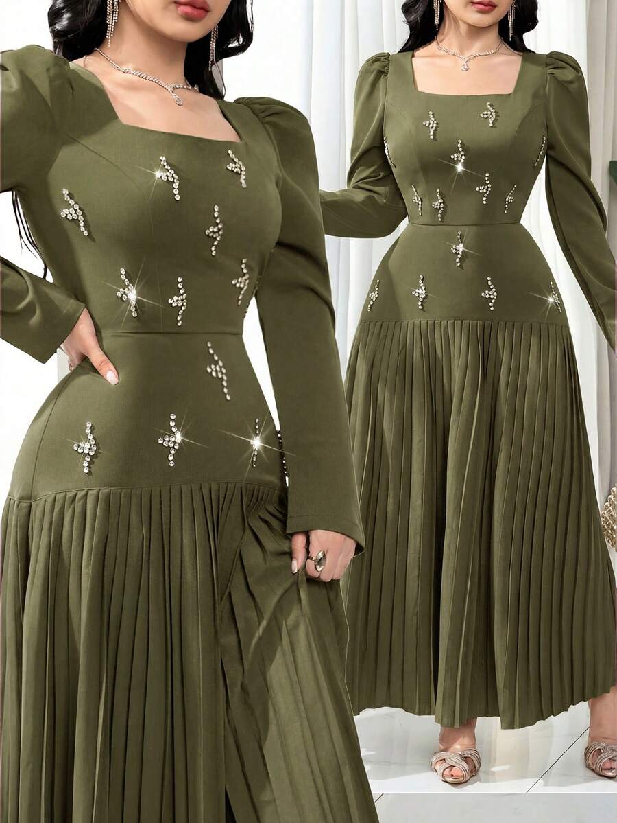 Feyla Women's Elegant Party Banquet Dress With Square Neckline, Puff Sleeves, Rhinestone Decor And Pleated Hem, Suitable For Spring And Autumn