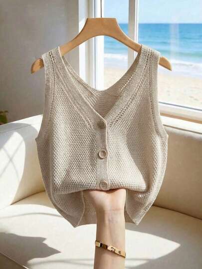 Franclia Blusa de punto de talla grande con cuello en V, sin mangas, con botones, de color albaricoque, versátil, cómoda, adecuada para uso casual, paseo, playa, vacaciones, reversible y estilizadora
