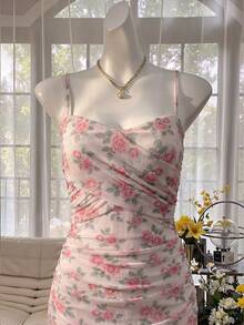 Celisse Vestido mini con estampado floral y tirantes cruzados, tela de malla - Rosa Pálido - Ver 4