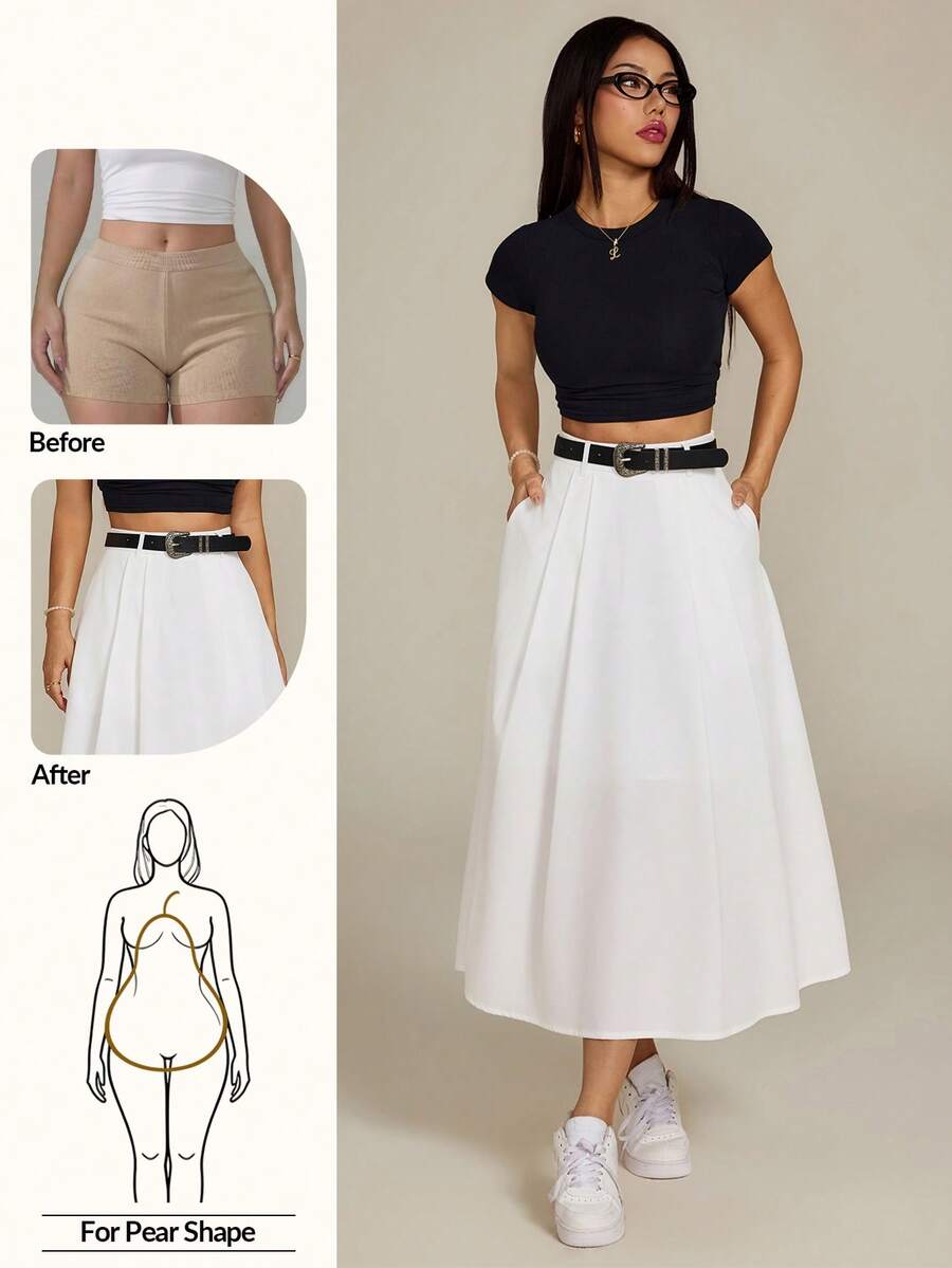 SHEIN PETITE 休闲百搭纯色百褶裙 - 白色 - 查看 1