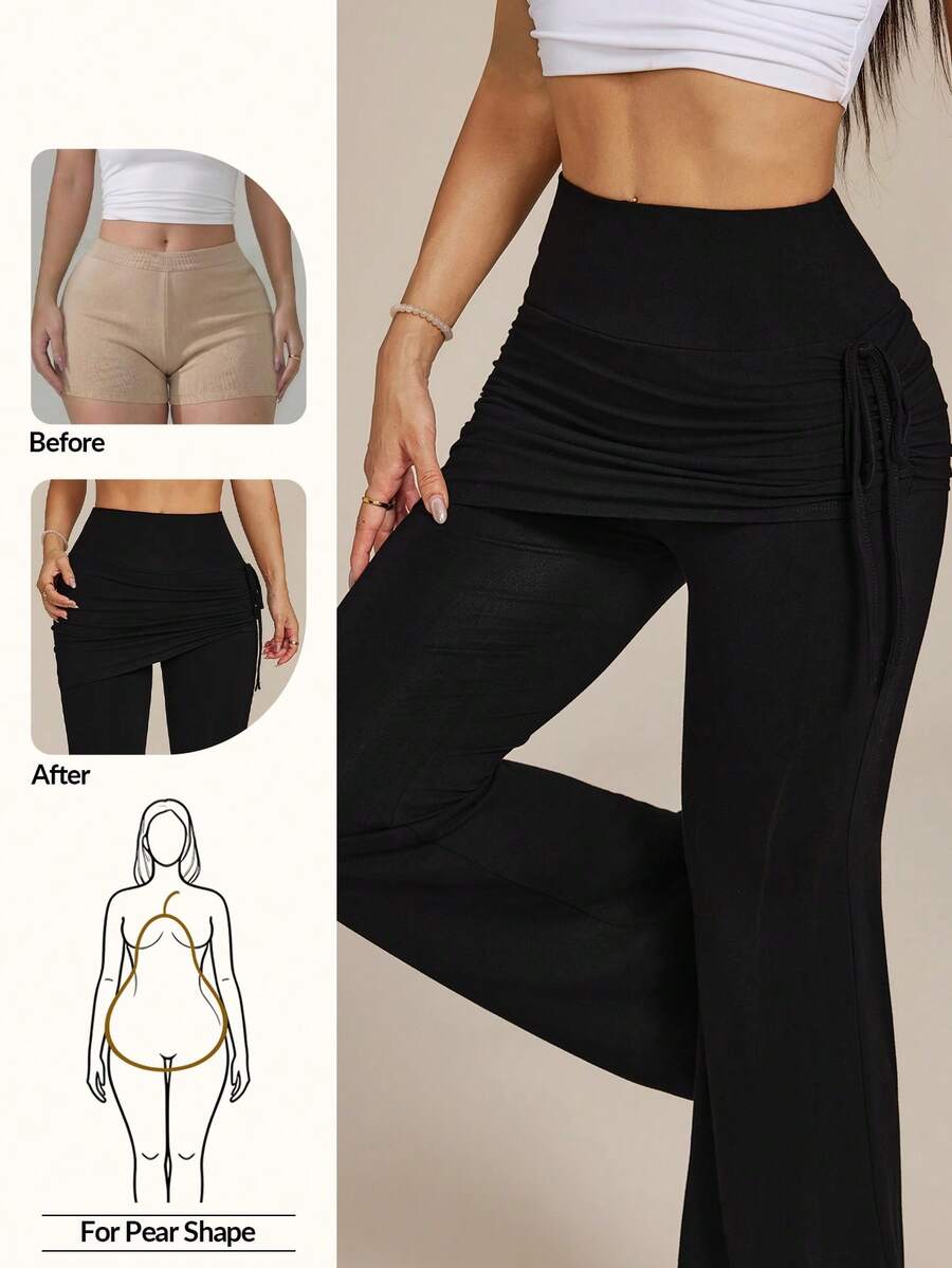 SHEIN PETITE Quần yoga 2 trong 1 màu đen co giãn dành cho nữ, có gấu váy xếp ly, ống loe, mùa xuân 2026.