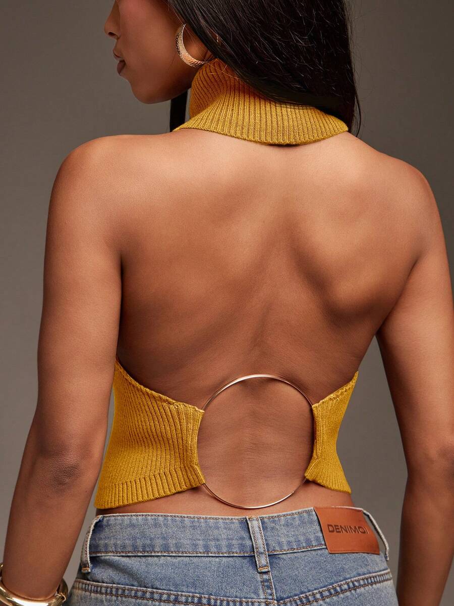 Denimoi Maglione con collo alto, senza maniche, con anello a O, top a canotta, top a maglia, top senza schienale, maglione a collo alto - Giallo Senape - Visualizzare 1