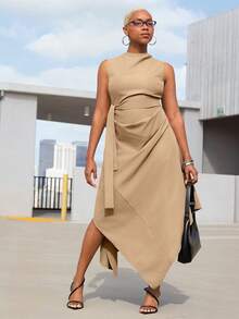 Vestido midi de tejido sin mangas con bajo asimétrico - Caqui - Ver 2