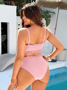 Swim Basics Plus Size Cerise Pink Jacquard Bandeau Top With Floral Trim & High Cut Waist Ruffle Triangle Bikini Set,Summer Glam Beach Holiday Women Swimsuit - Pink - View 2