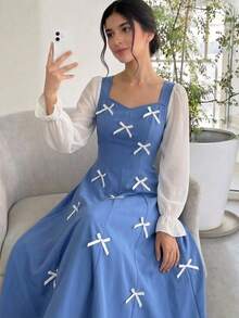 SHEIN 女童藍色方領二合一公主洋裝，雪紡泡泡袖，3D蝴蝶結裝飾，收腰A字大裙擺，復古溫柔風輕盈夏季長洋裝，甜美小眾設計，適合生日派對、度假、兒童 - 藍色 - 查看 6