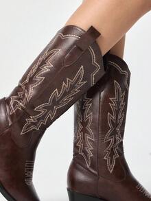 ROMWE Fairycore Botas altas de montar con bordado de mariposa Maillard 2025 de estilo occidental para mujer, con cordones y un hermoso fuste alto sobre la rodilla - Café integral - Ver 4