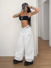 StreetHx 时尚休闲街头风度假风低腰白色喇叭裤 - 白色 - 查看 4