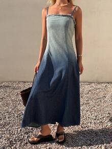 DAZY Đầm denim nữ dáng suông, kiểu dáng thường ngày, màu ombre, viền rách, thích hợp cho mùa hè. - Rửa trung bình - Xem 3