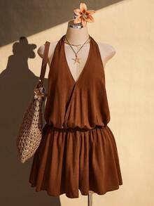 SHEIN ICON Vestido mini con escote en V cruzado y espalda descubierta en estilo A-line, vintage Y2K, vestido de vacaciones retro, vestido de playa, vestido de verano para tallas grandes - Marrón - View 2