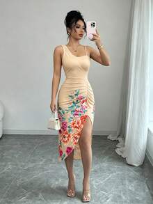 Selianne Women's Elegant Romantic Printed Pleated Dress - Khaki - View 6