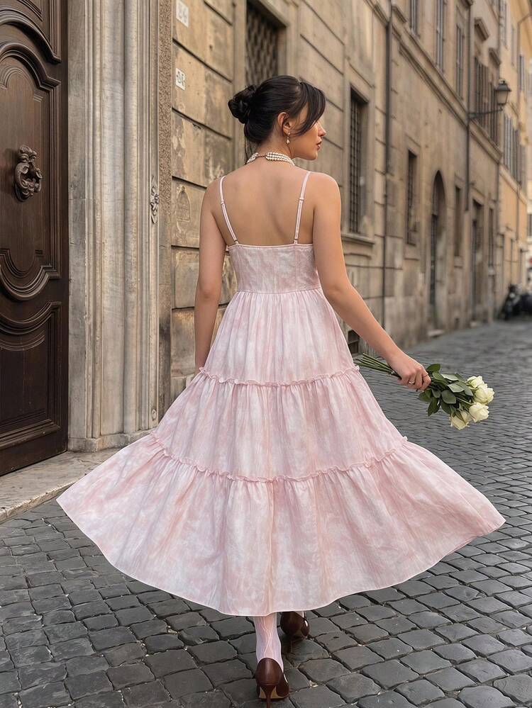 Spring & Summer French Elegant Pink Lace Ruffle Strap Dress, Waist Cinched Tiered Long Dress For Beach Vacation