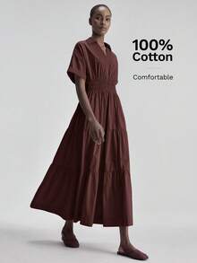 Ontre Women's Solid Color Ruffle Hem Casual Dress - Brown - View 2