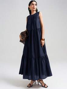 Ontre 2026SS New Women's Casual Commute Fashion Versatile Sleeveless Solid Color Long Dress Business Casual - Navy Blue - View 1
