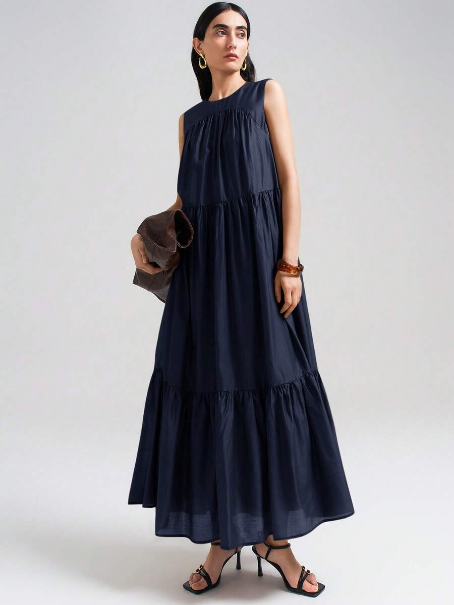 Ontre 2026SS New Women's Casual Commute Fashion Versatile Sleeveless Solid Color Long Dress Business Casual - Navy Blue - View 1