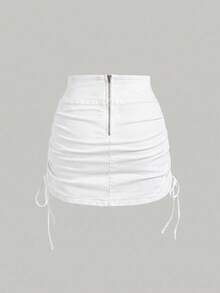 SHEIN MOD Plus Size Women's Casual Sexy 90s Denim Mini Skirt With Side Drawstring Design Date Night Rave Allover White Summer - White - View 2