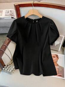 GlowEve CURVE Women's Elegant Casual Solid Color Lace Patchwork Ruffle Collar Petal Sleeve Blouse - Black - View 1