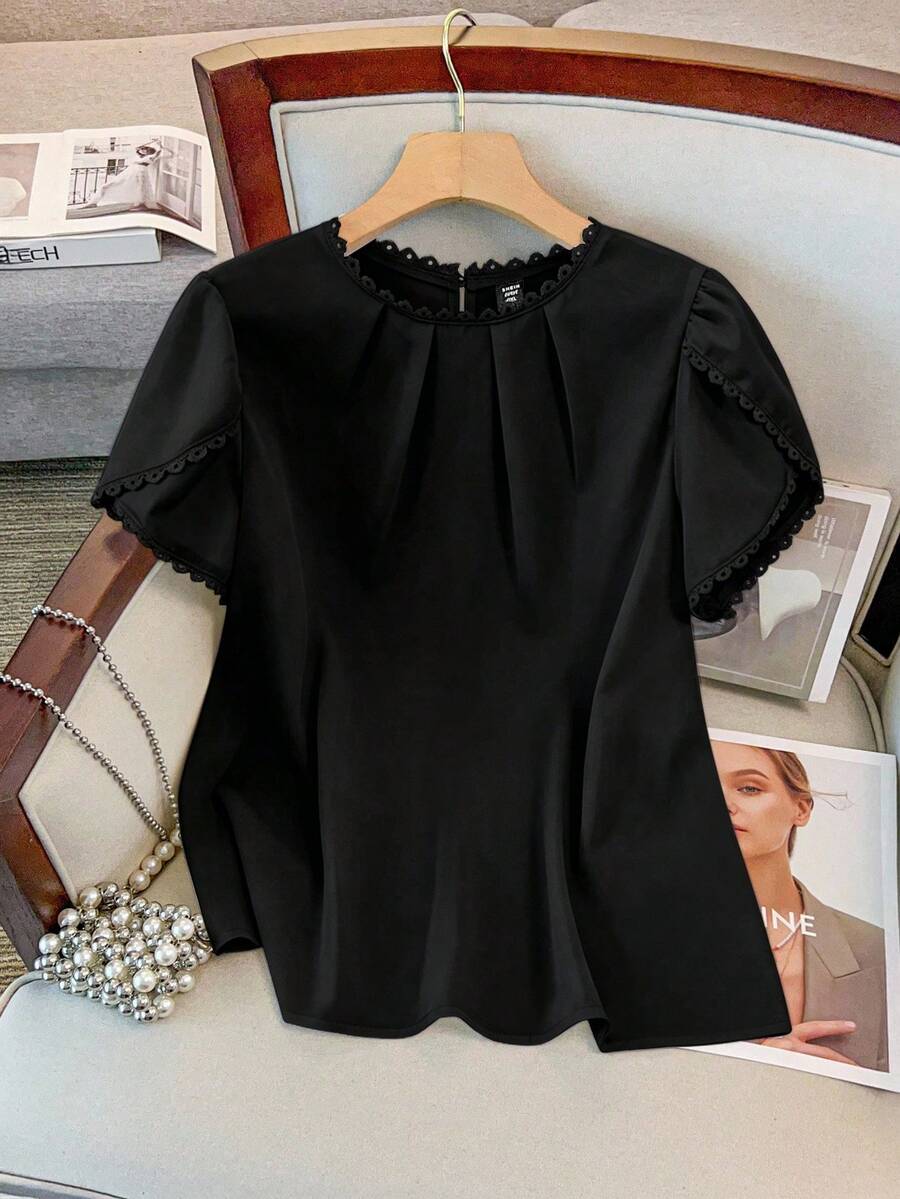 GlowEve CURVE Women's Elegant Casual Solid Color Lace Patchwork Ruffle Collar Petal Sleeve Blouse - Black - View 1