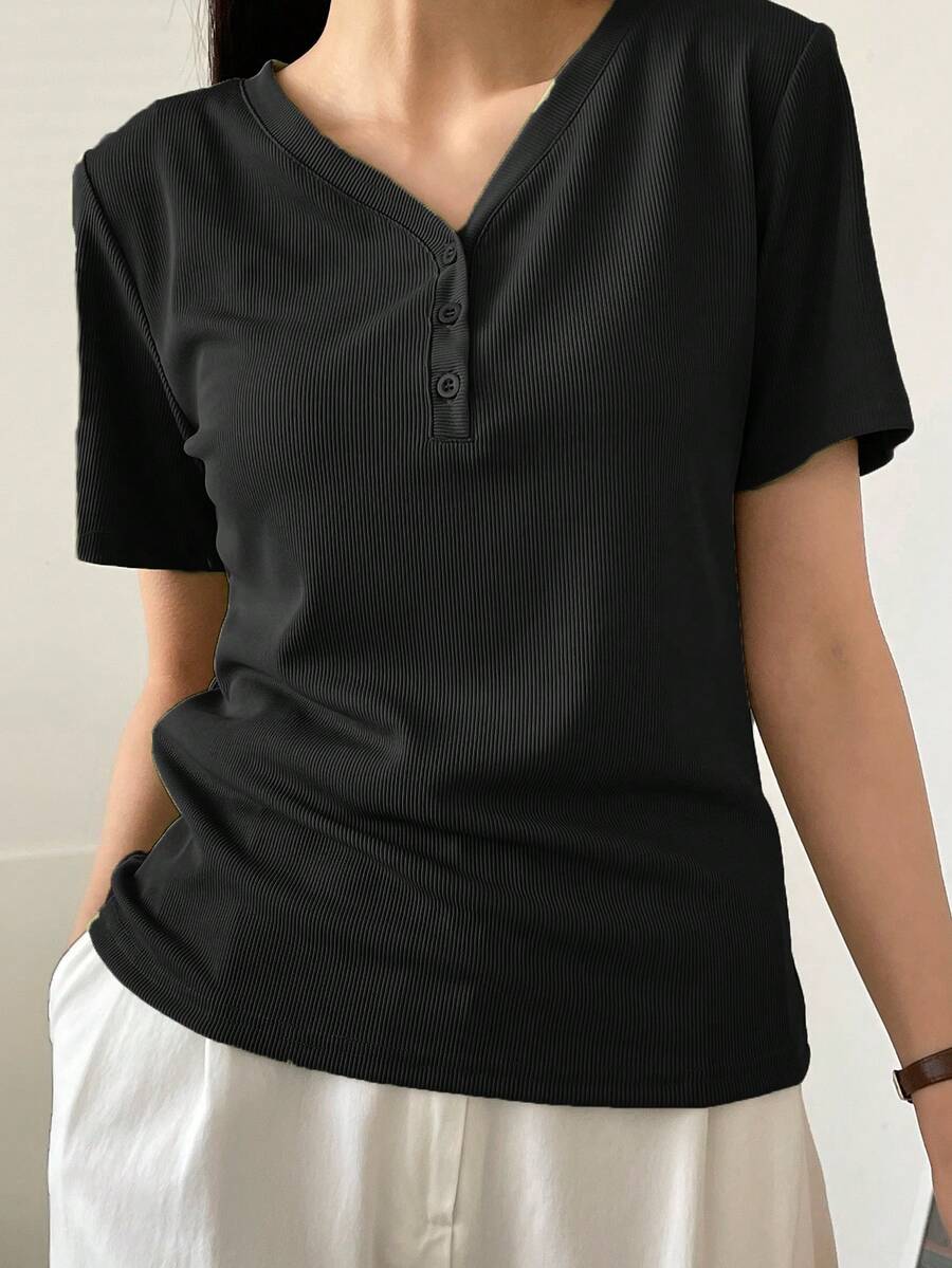 Dazy-Less Solid Rib Knit Button Front Tee Old Money Style Business Casual Woman Work Clothes - Black - View 1