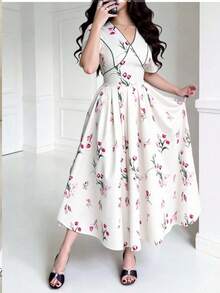 Feyla Nuevo vestido casual, de fiesta y para vacaciones, con ajuste de cintura y vuelo, con estampado floral diminuto de estilo retro francés romántico - Multicolor - Ver 1