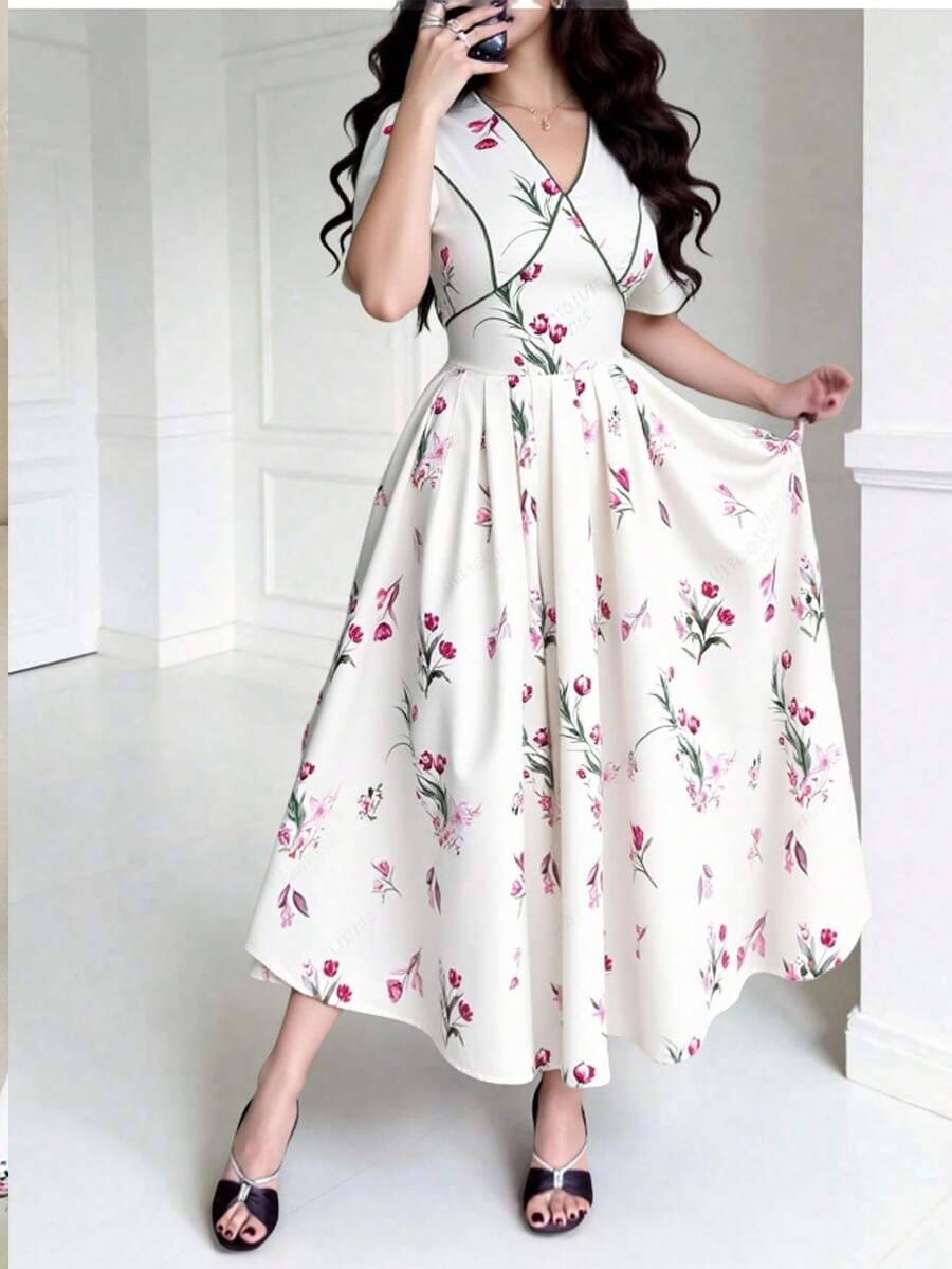 Feyla Nuevo vestido casual, de fiesta y para vacaciones, con ajuste de cintura y vuelo, con estampado floral diminuto de estilo retro francés romántico - Multicolor - Ver 1