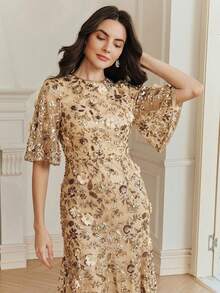 Anewsta Vestido de manga corta con volantes de malla floral azul marino, adornado con lentejuelas, adecuado para fiestas, citas, ropa de resort, atuendos de primavera/verano - Dorado - Ver 5